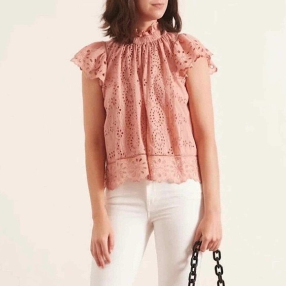 SEA New York 100% cotton Daisy Floral Eyelet Ruffle Flutter sleeve pink top - Picture 2 of 7